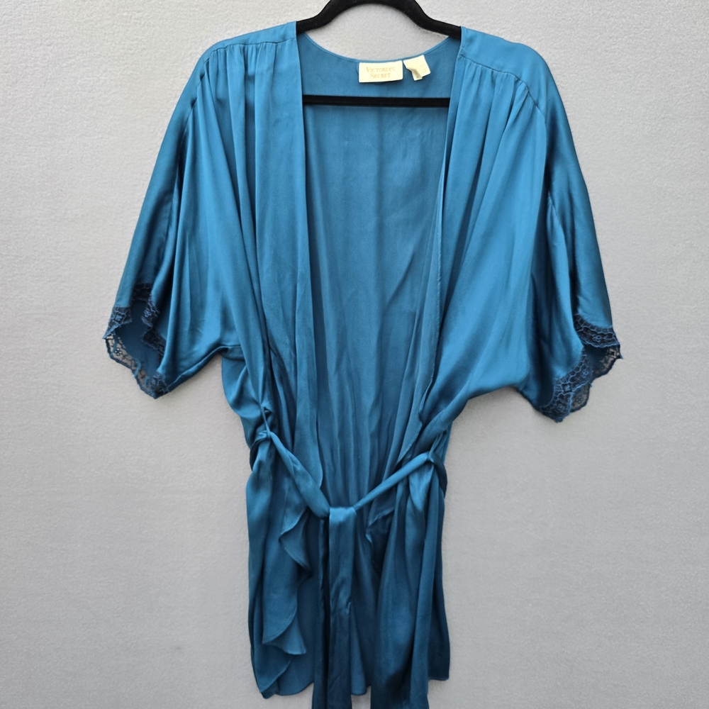 Victoria's Secret 100% Silk Teal Lace-Trim Robe - Women Intimates